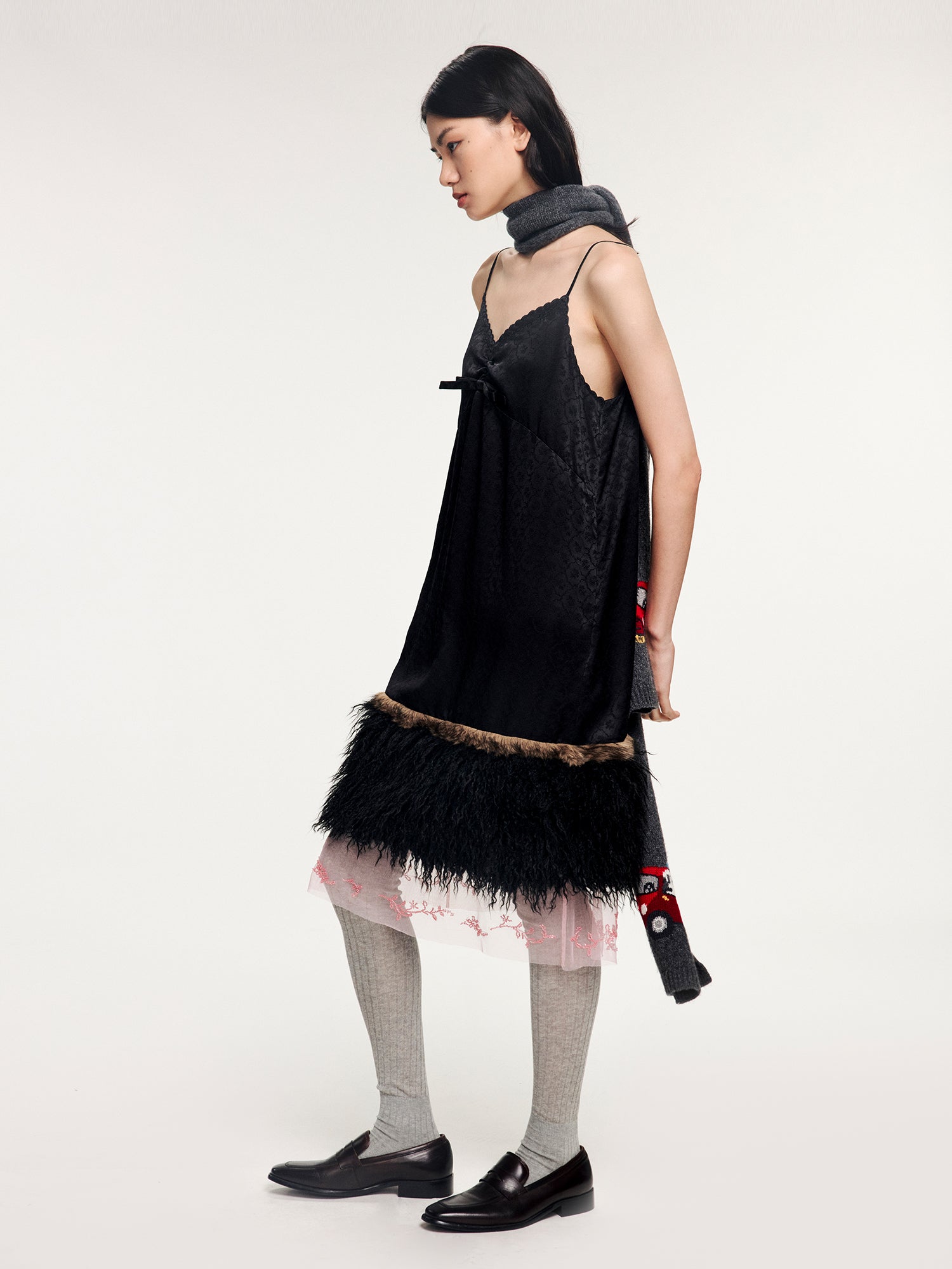 Jacquard slip dress with plush hem