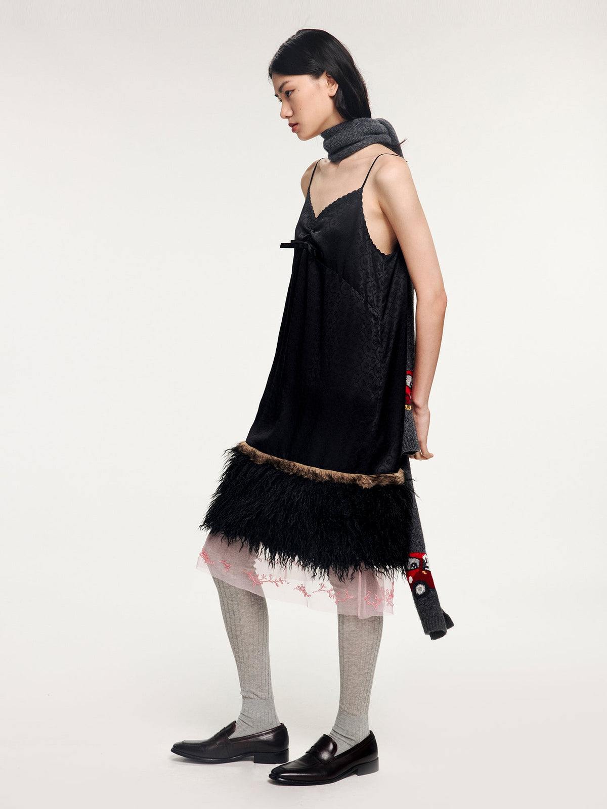 Jacquard slip dress with plush hem