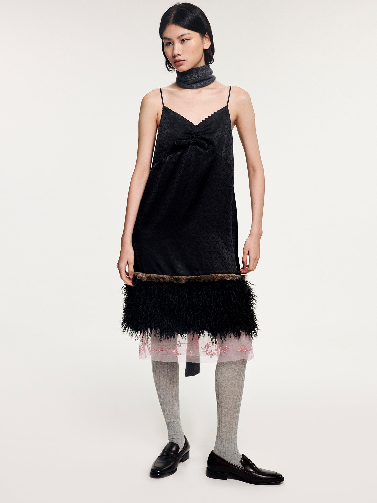 Jacquard slip dress with plush hem