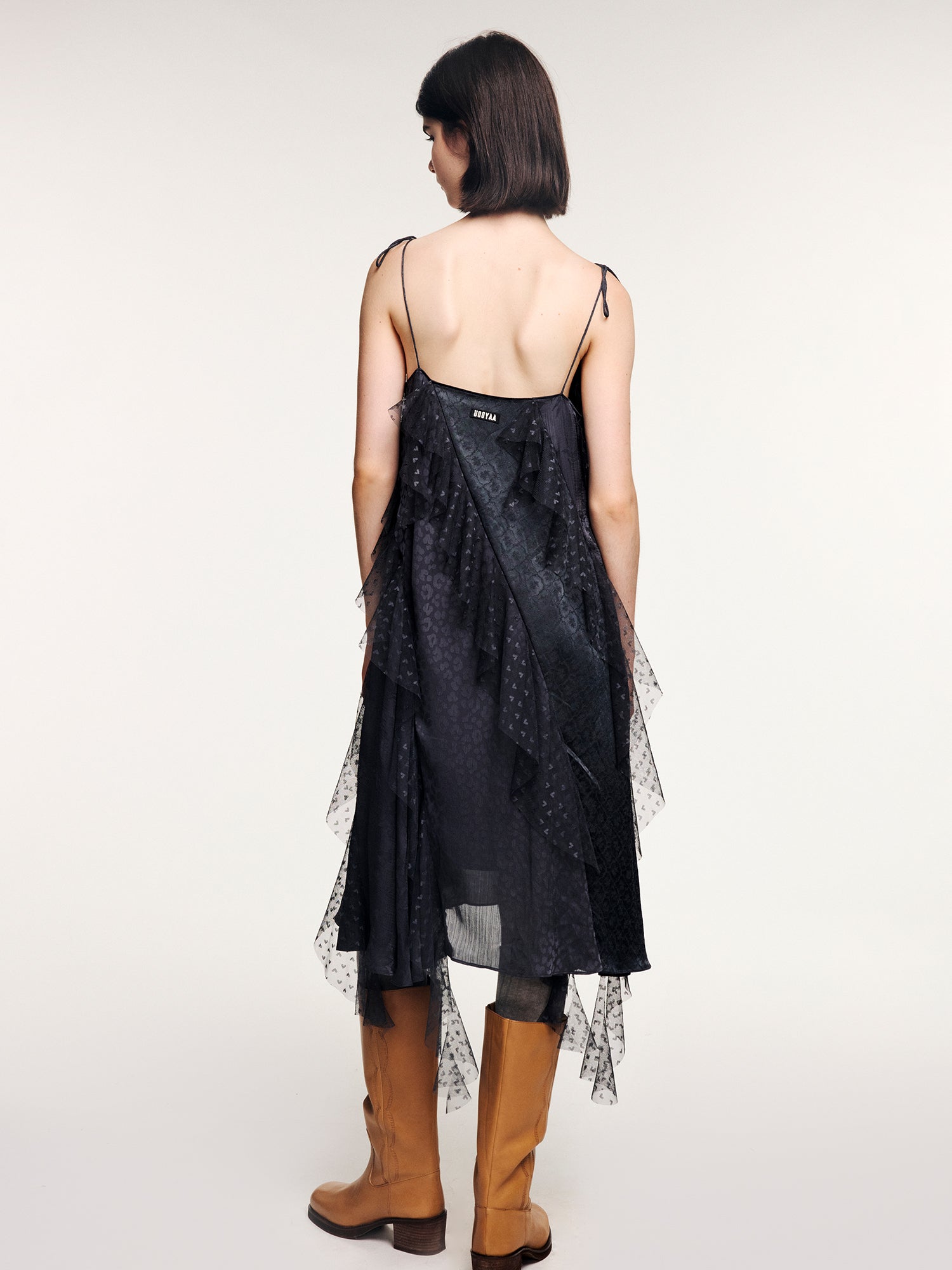 Lace ruffle jacquard slip dress