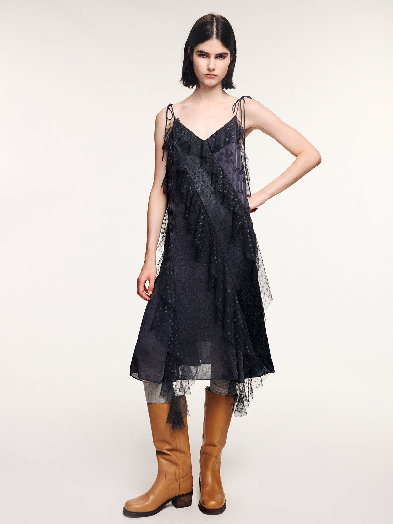 Lace ruffle jacquard slip dress