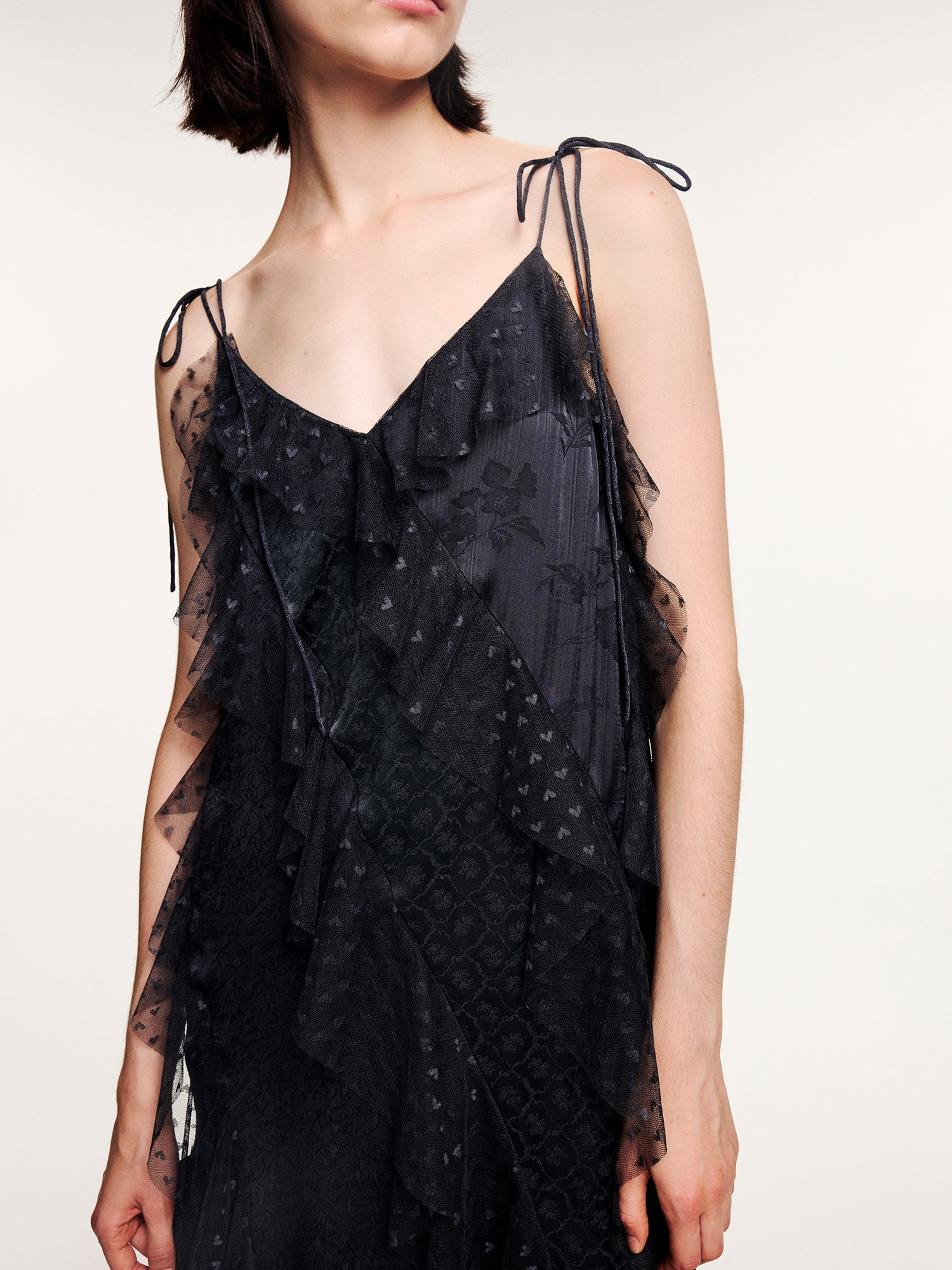 Lace ruffle jacquard slip dress