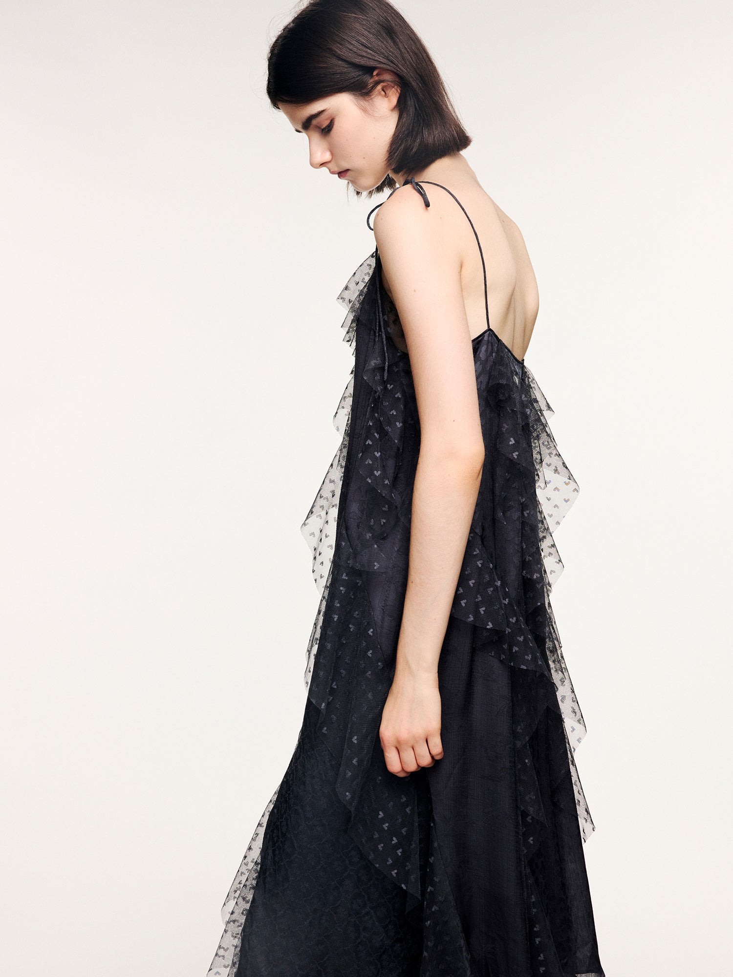 Lace ruffle jacquard slip dress