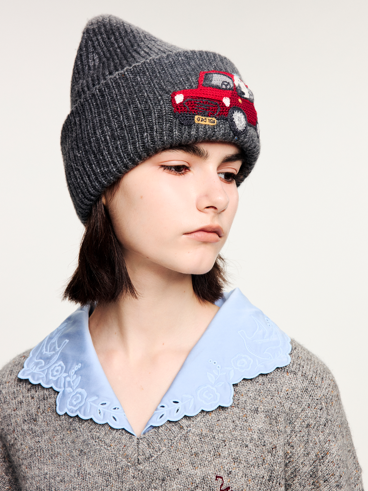 Tencel wool beanie with traveling puppy motif