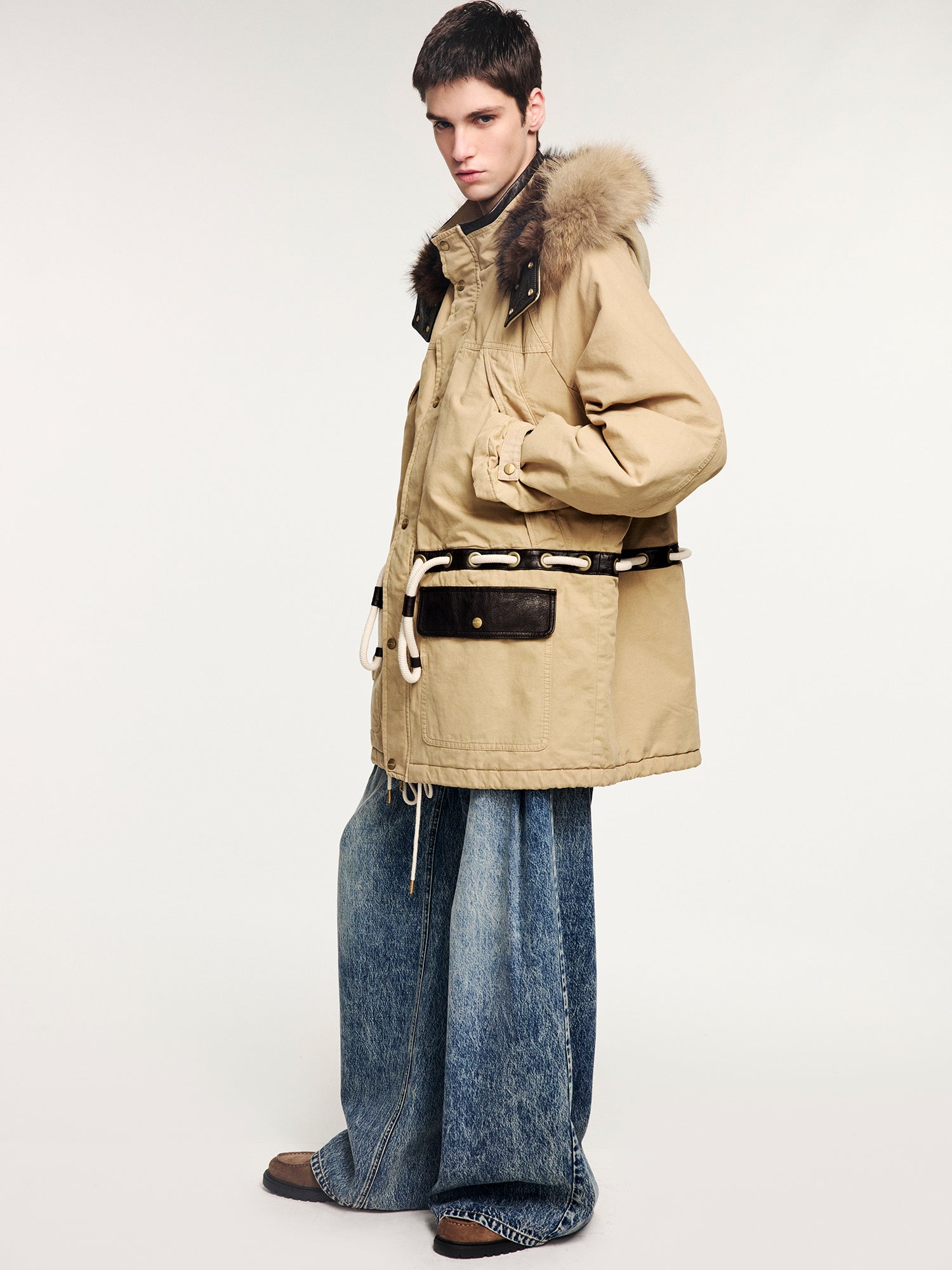 Fur-trim parka cotton jacket