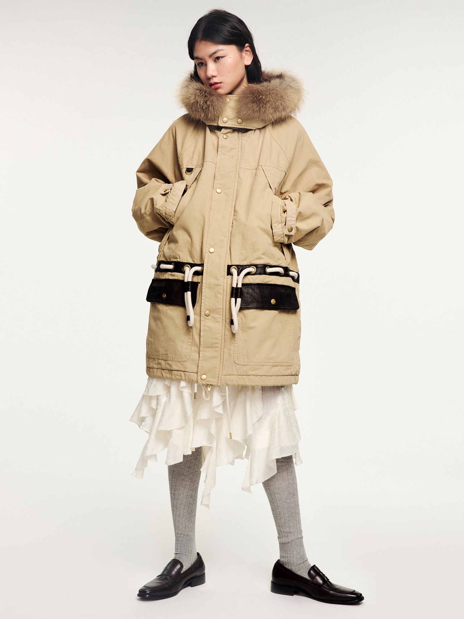 Fur-trim parka cotton jacket