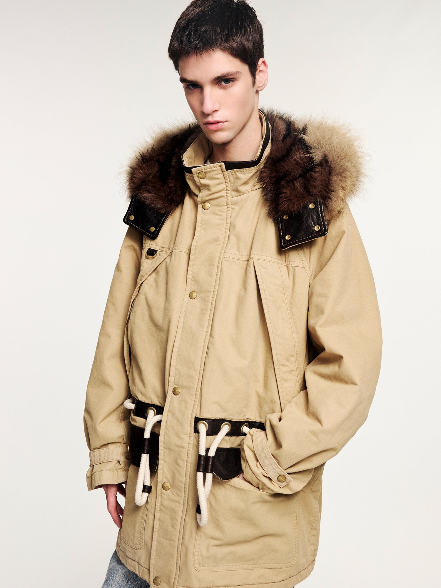 Fur-trim parka cotton jacket