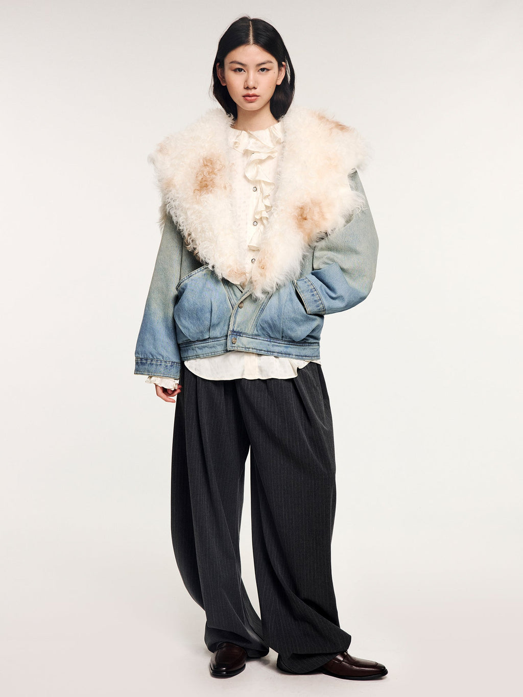 Denim bomber jacket with toscana shearling