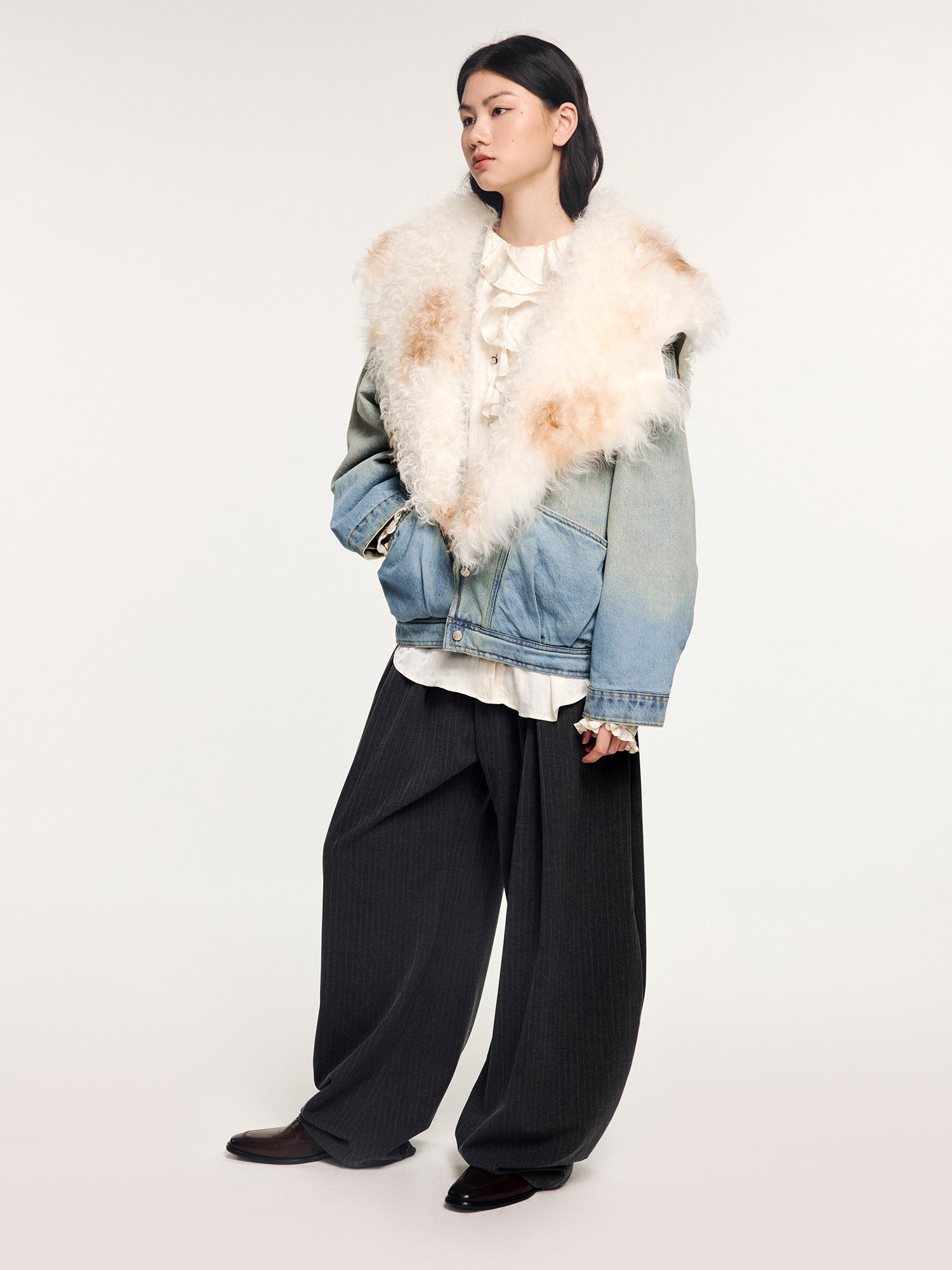 Denim bomber jacket with toscana shearling