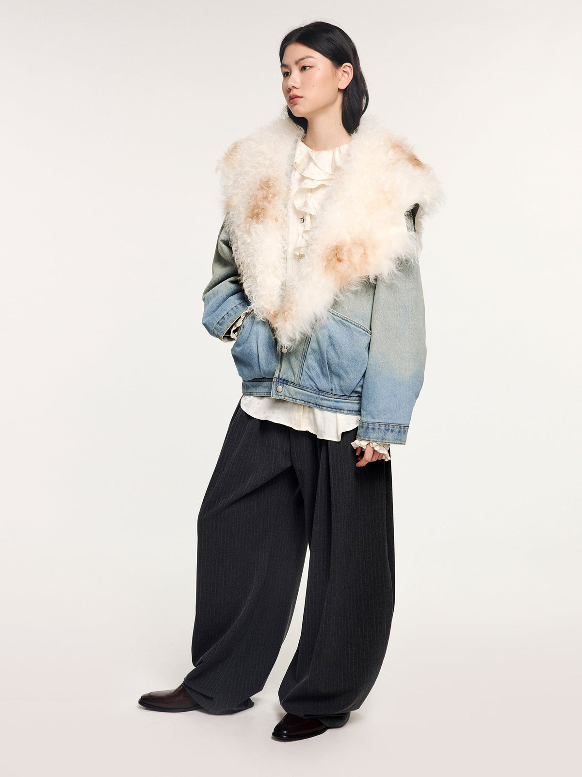 Denim bomber jacket with toscana shearling