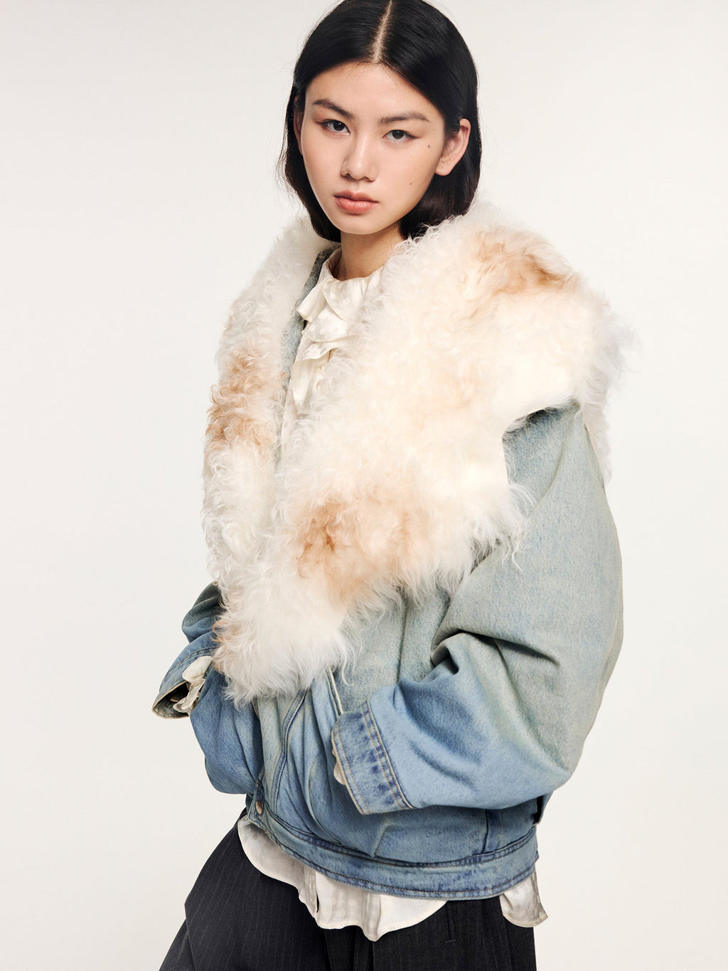 Denim bomber jacket with toscana shearling