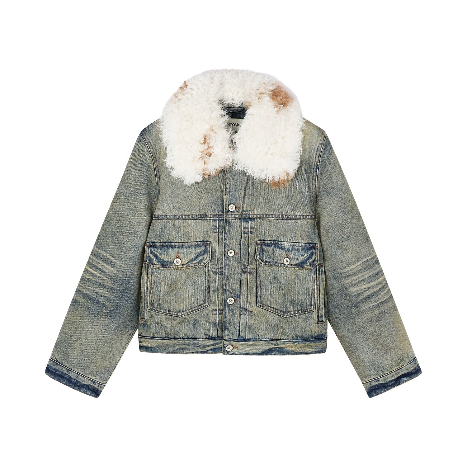Denim cotton padded jacket with wool collar