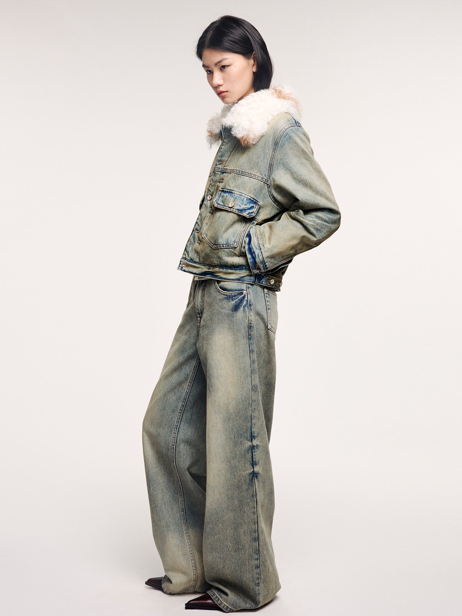 Denim cotton padded jacket with wool collar