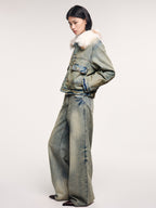 Denim cotton padded jacket with wool collar