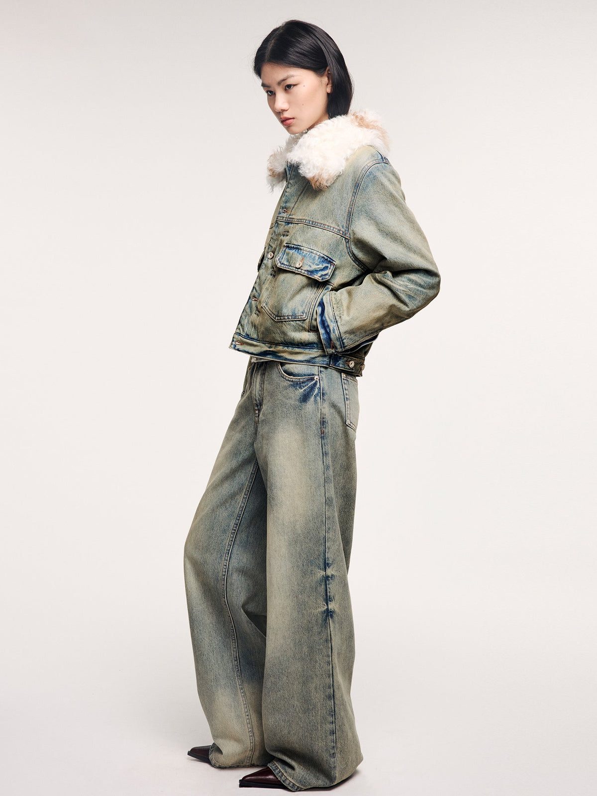 Denim cotton padded jacket with wool collar