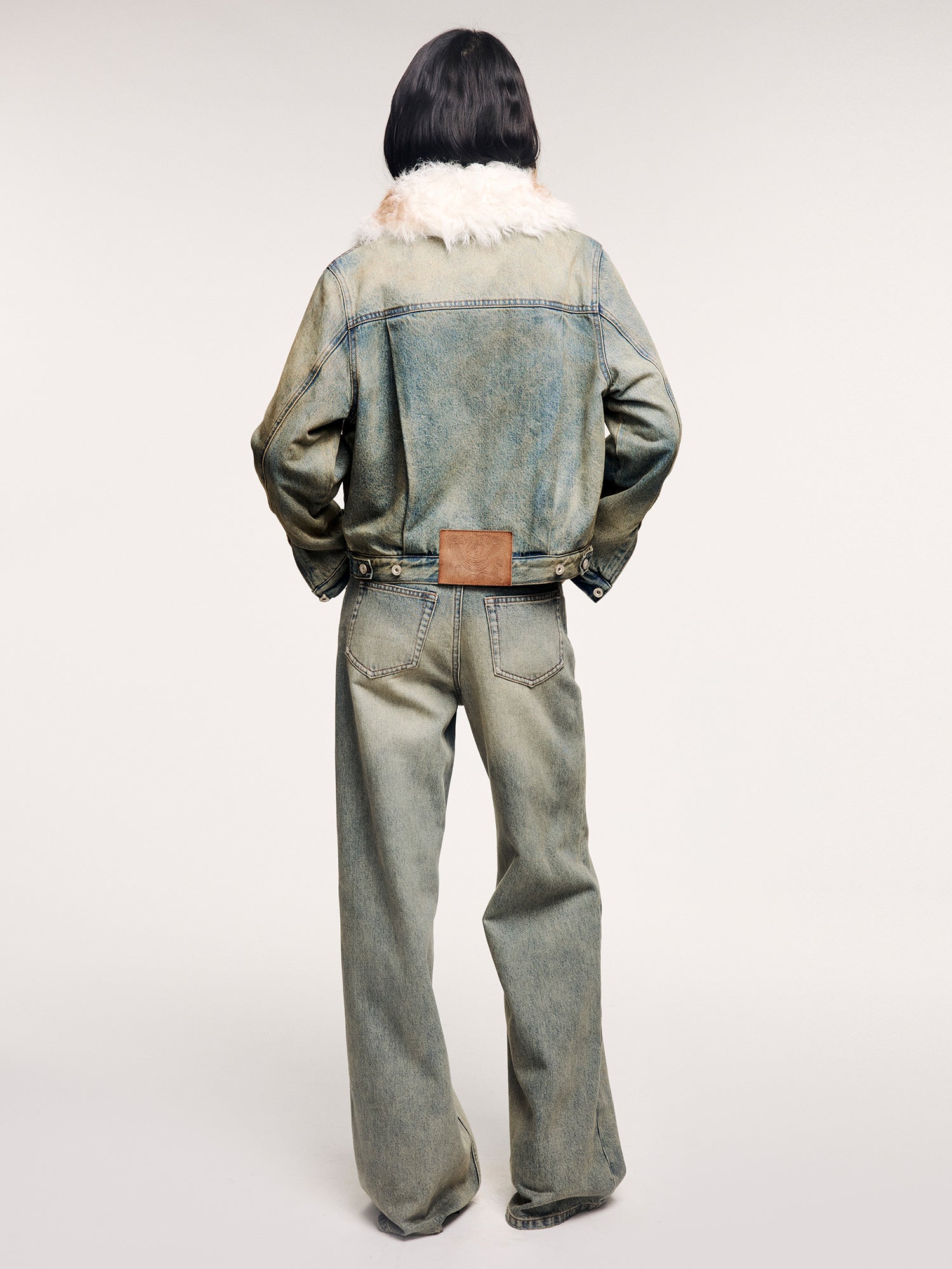 Denim cotton padded jacket with wool collar