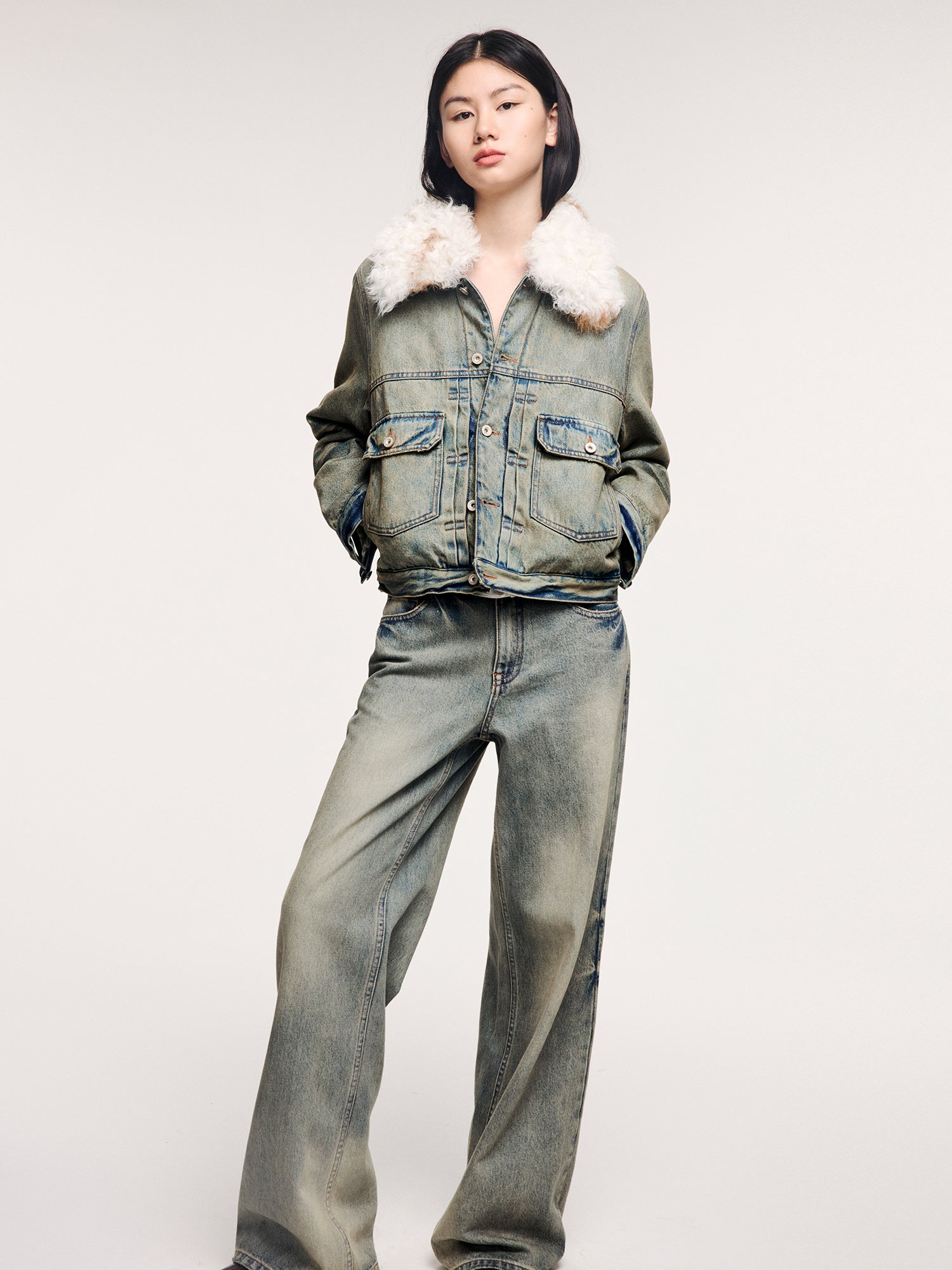 Denim cotton padded jacket with wool collar