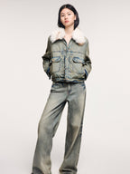 Denim cotton padded jacket with wool collar
