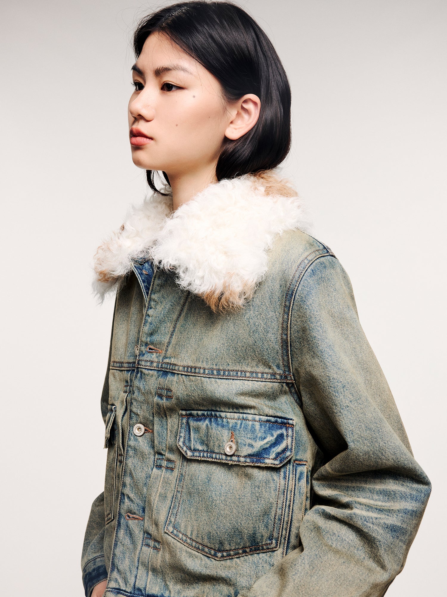 Denim cotton padded jacket with wool collar