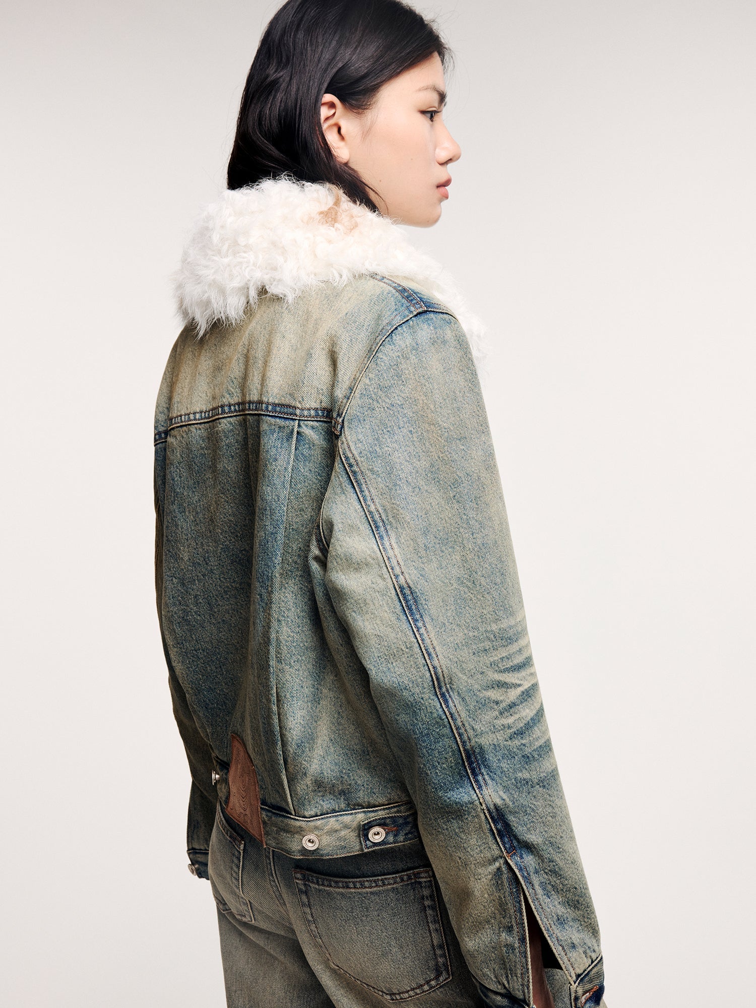 Denim cotton padded jacket with wool collar