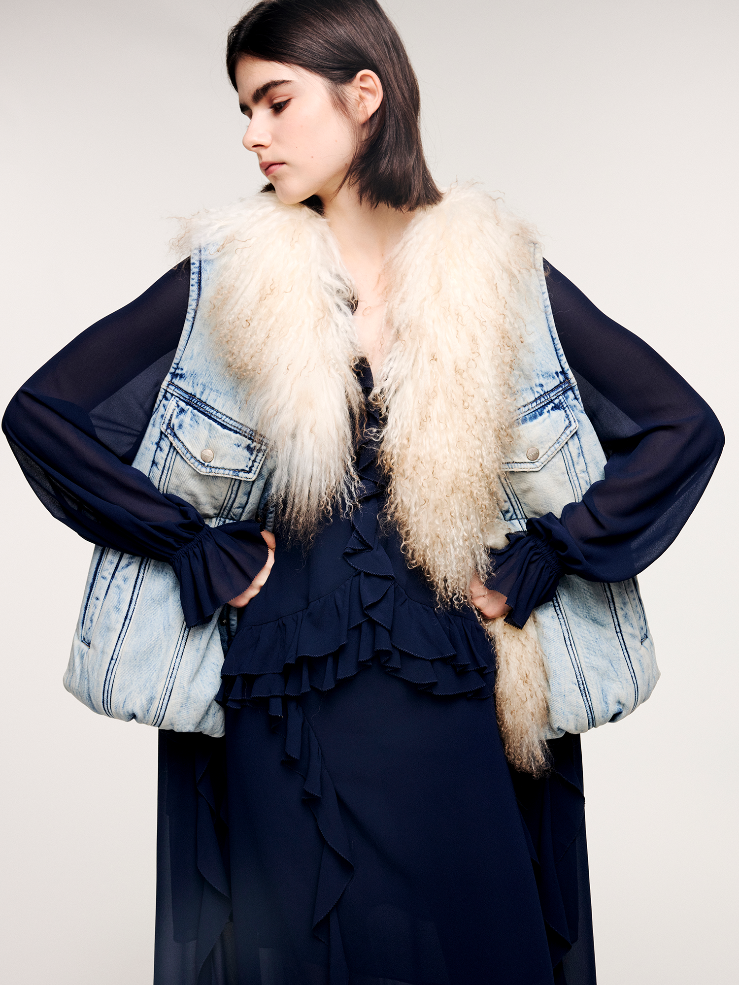 Type 3 shearling collar padded denim vest