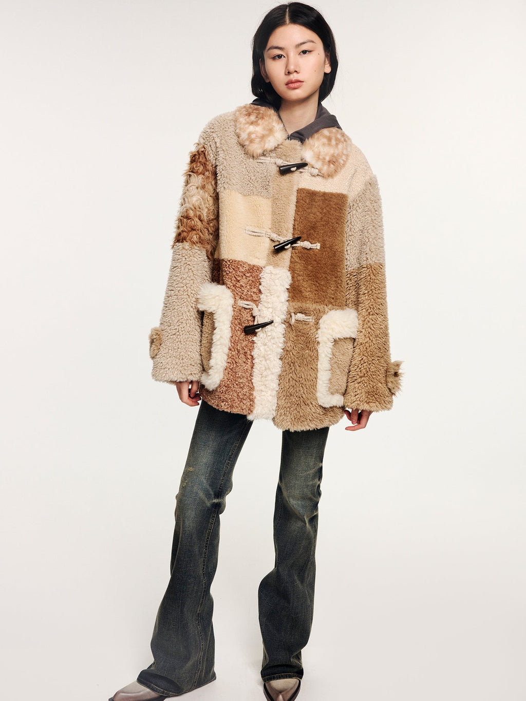 Faux fur panelled fisherman coat
