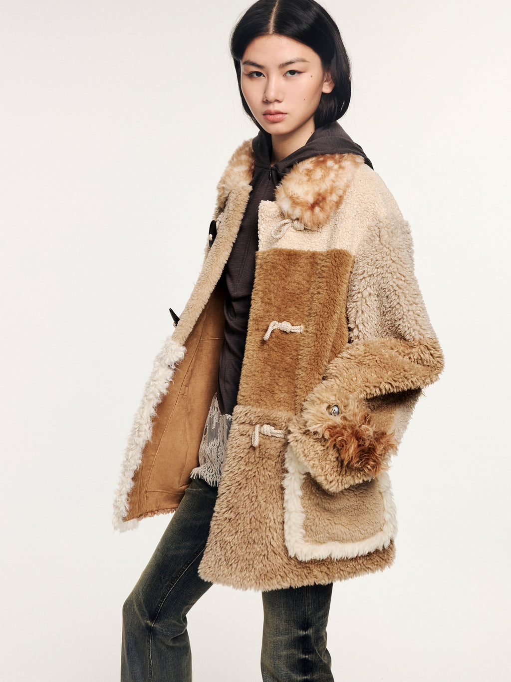 Faux fur panelled fisherman coat