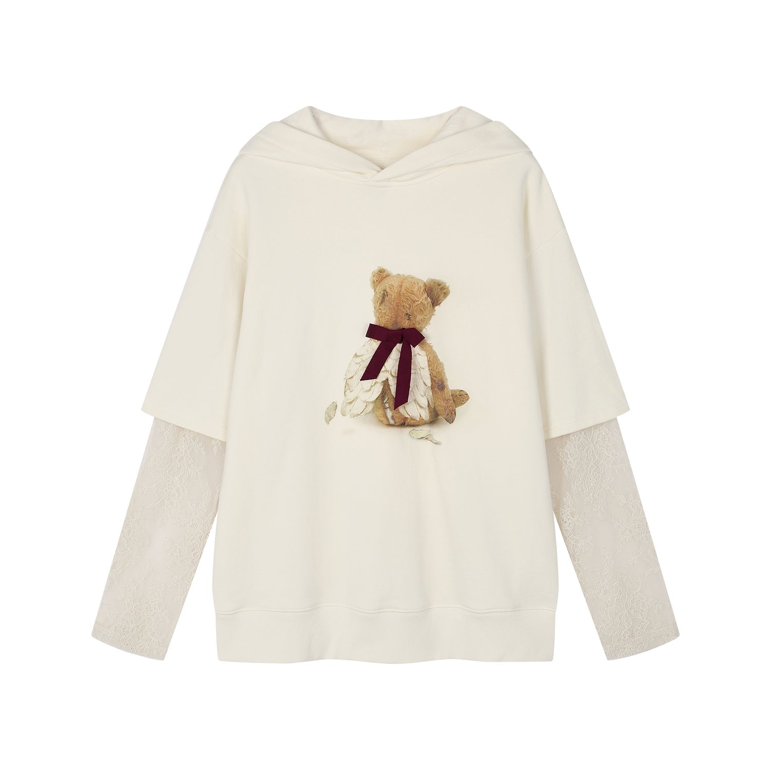 Sad bear lace-sleeve layered hoodie