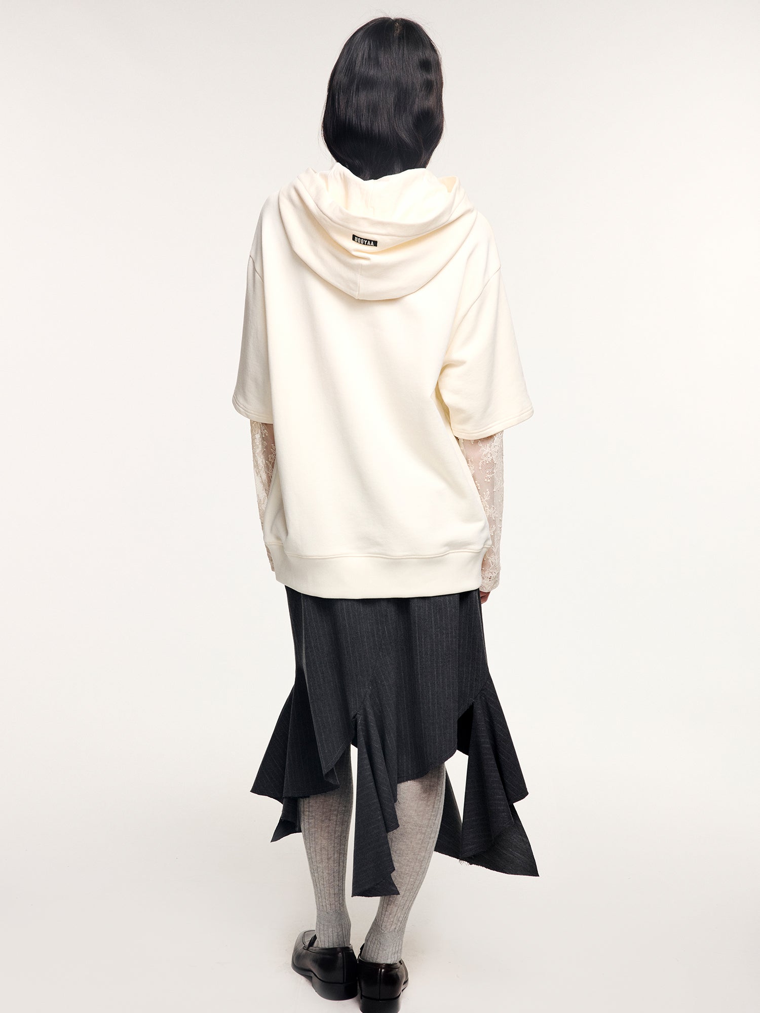 Sad bear lace-sleeve layered hoodie