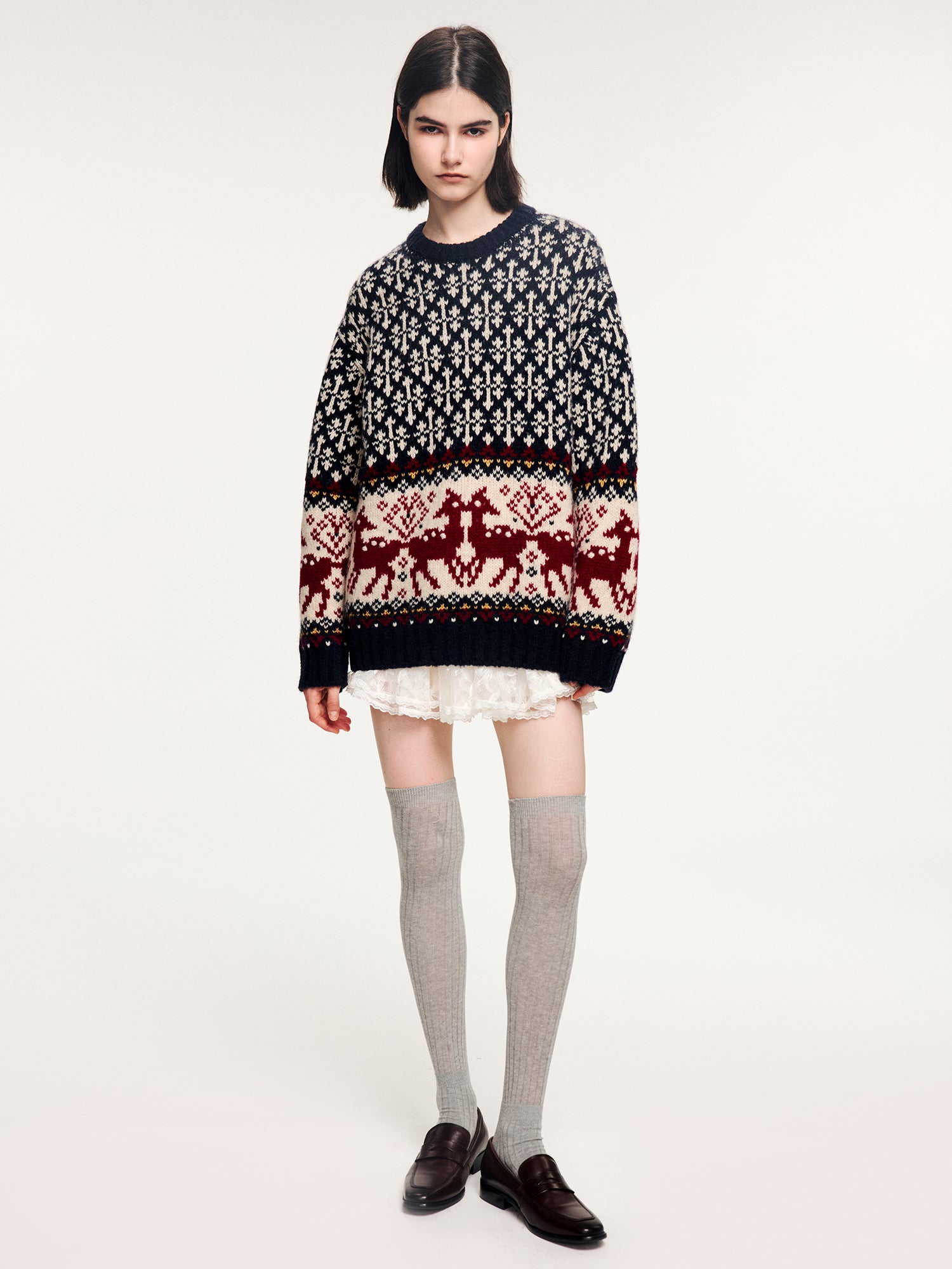 Vintage deer pattern jacquard pullover knit