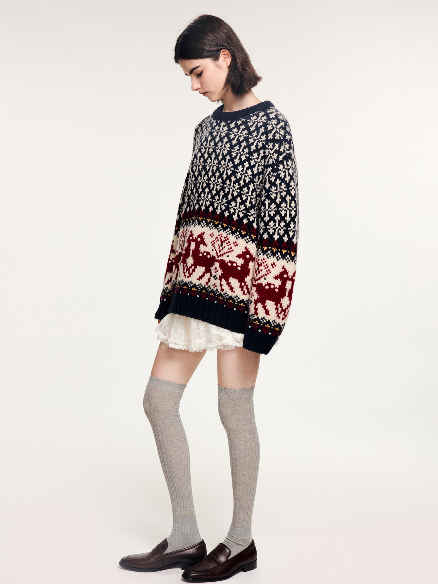 Vintage deer pattern jacquard pullover knit