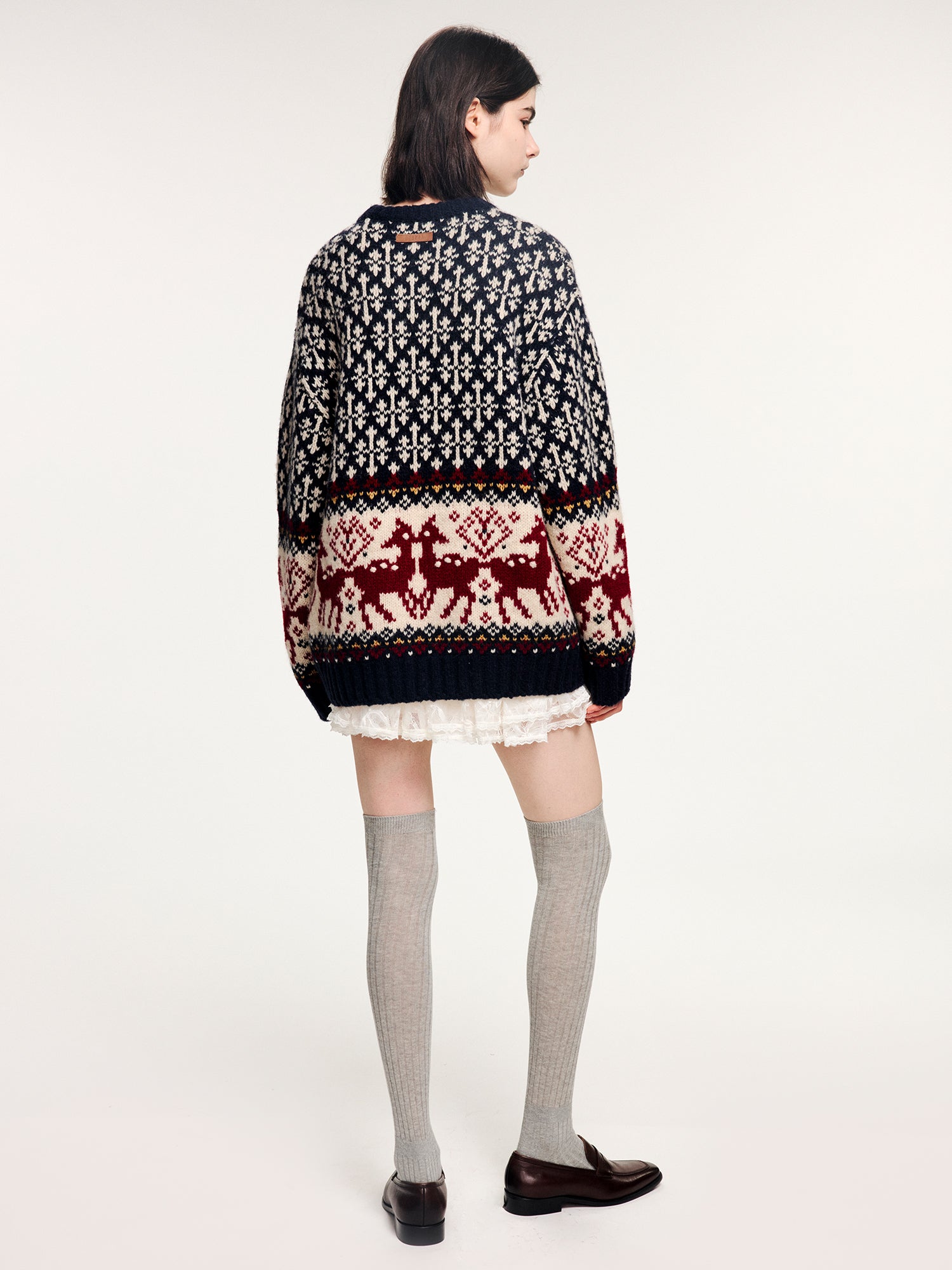 Vintage deer pattern jacquard pullover knit