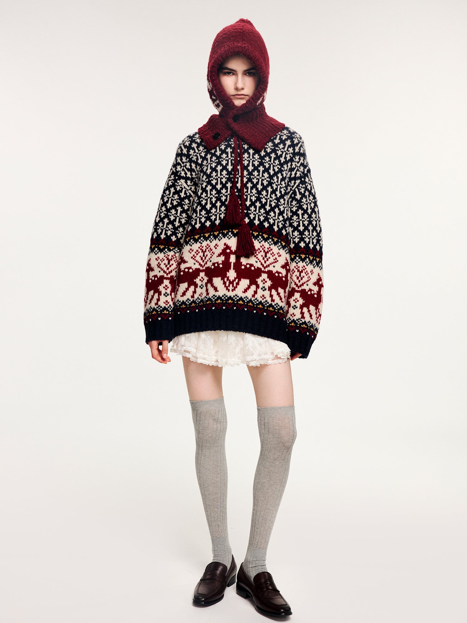 Vintage deer pattern jacquard pullover knit