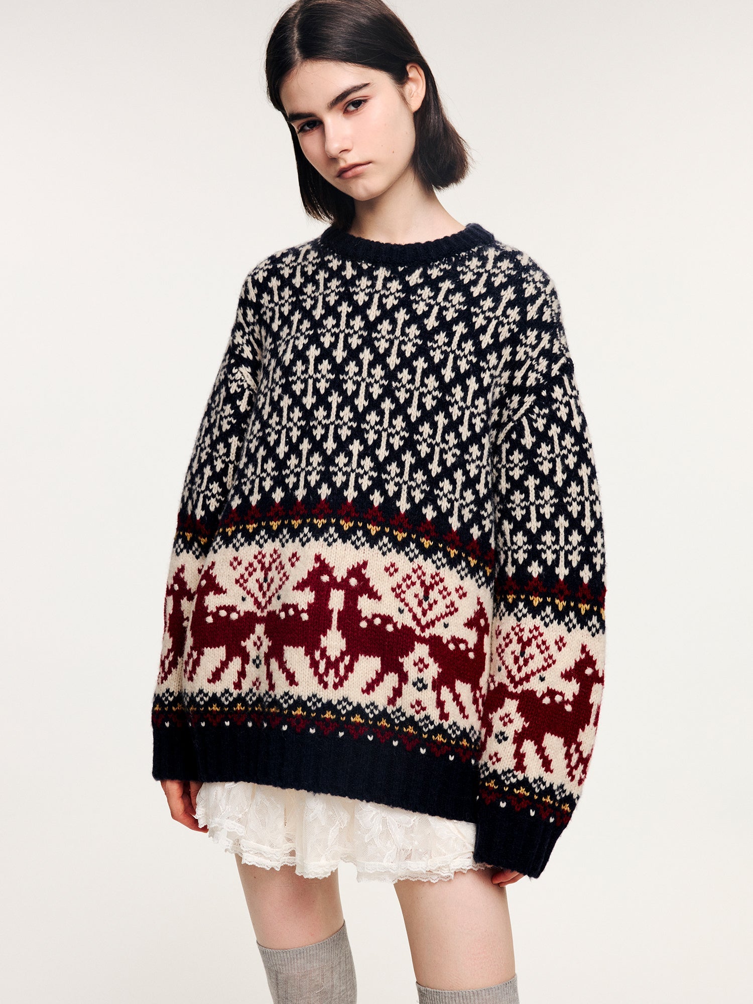 Vintage deer pattern jacquard pullover knit