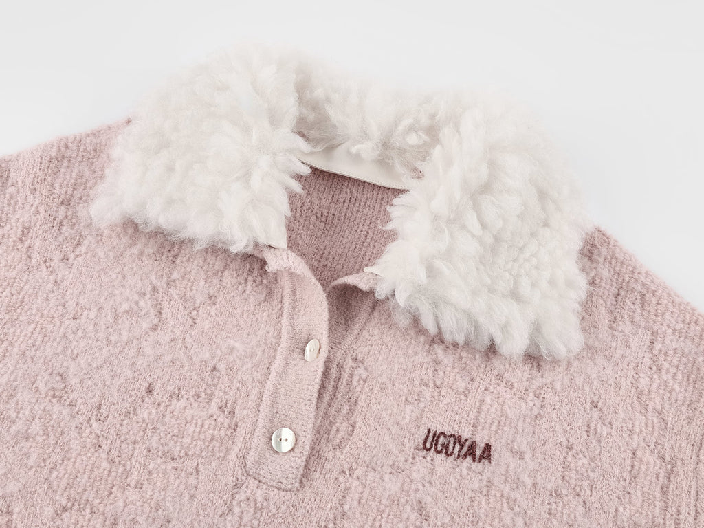 Fuzzy polo collar pullover sweater