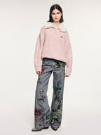 Fuzzy polo collar pullover sweater
