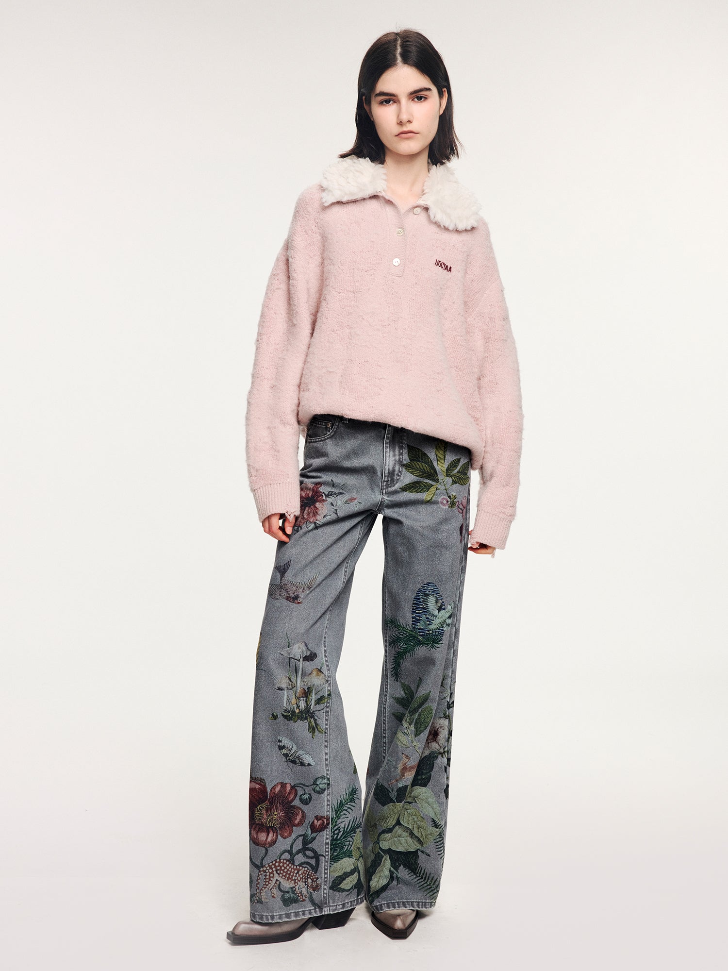 Fuzzy polo collar pullover sweater