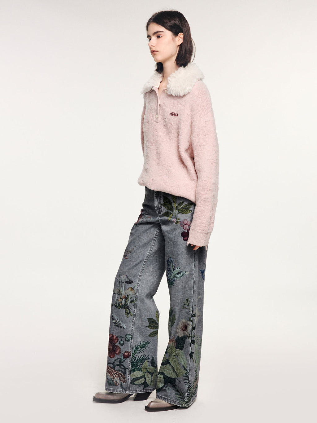 Fuzzy polo collar pullover sweater