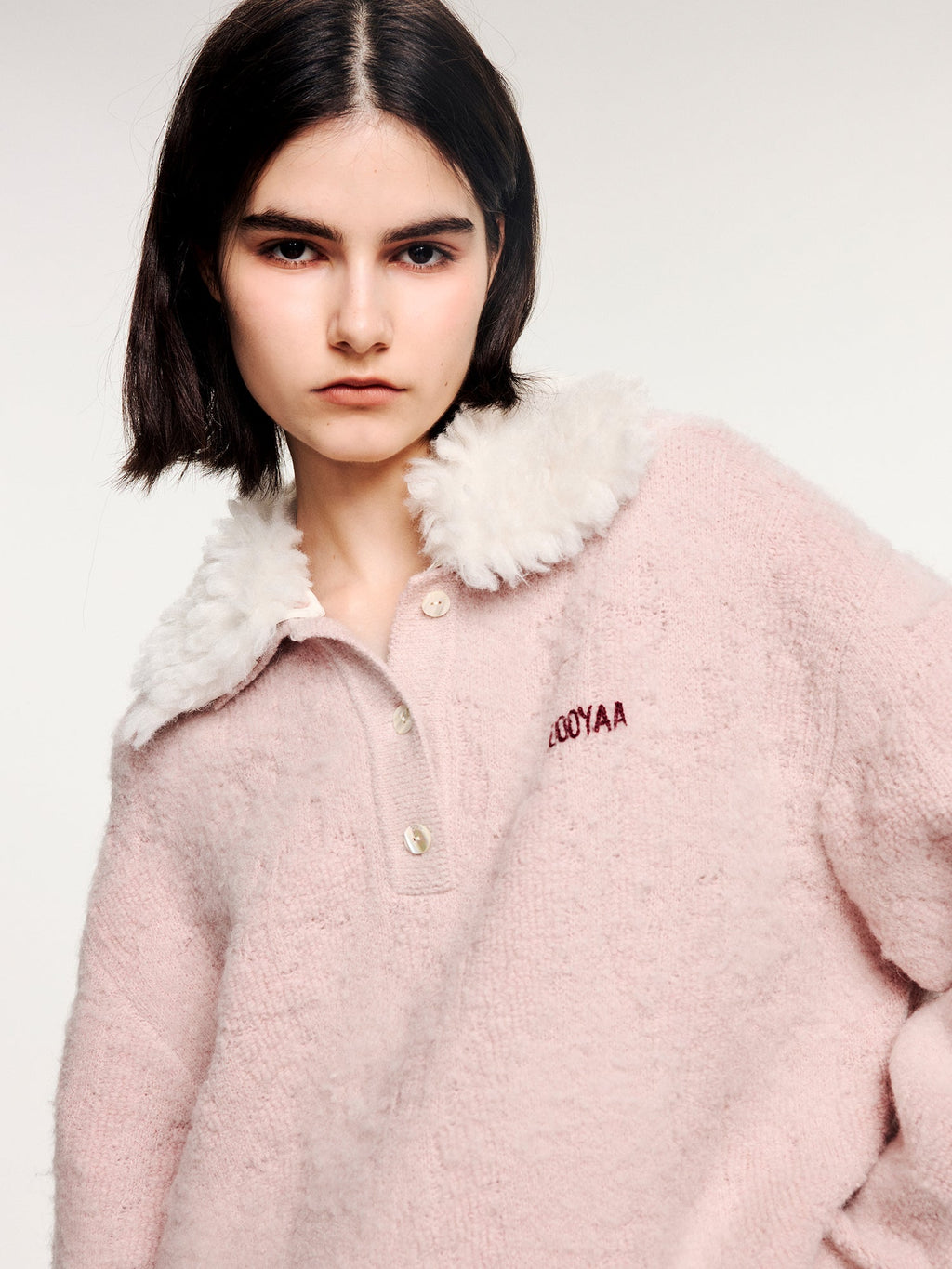 Fuzzy polo collar pullover sweater