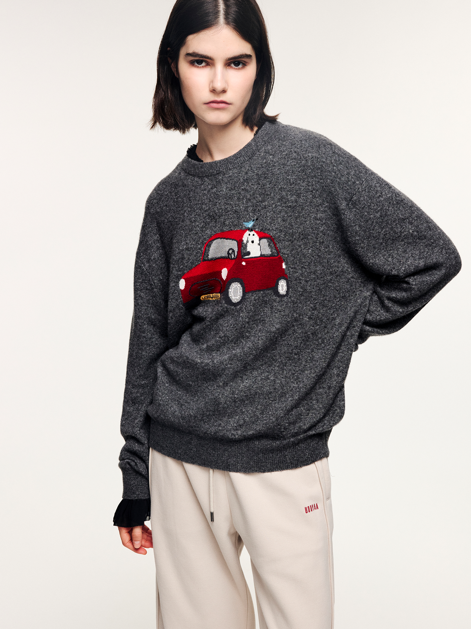 Traveling puppy print colorblock pullover