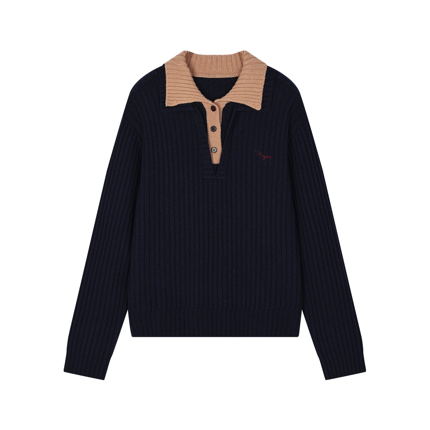 Vintage layered-look polo collar pullover knit