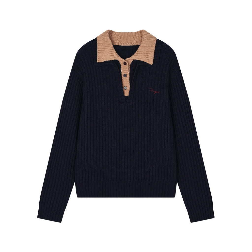 Vintage layered-look polo collar pullover knit