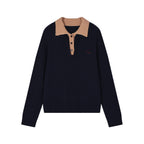 Vintage layered-look polo collar pullover knit