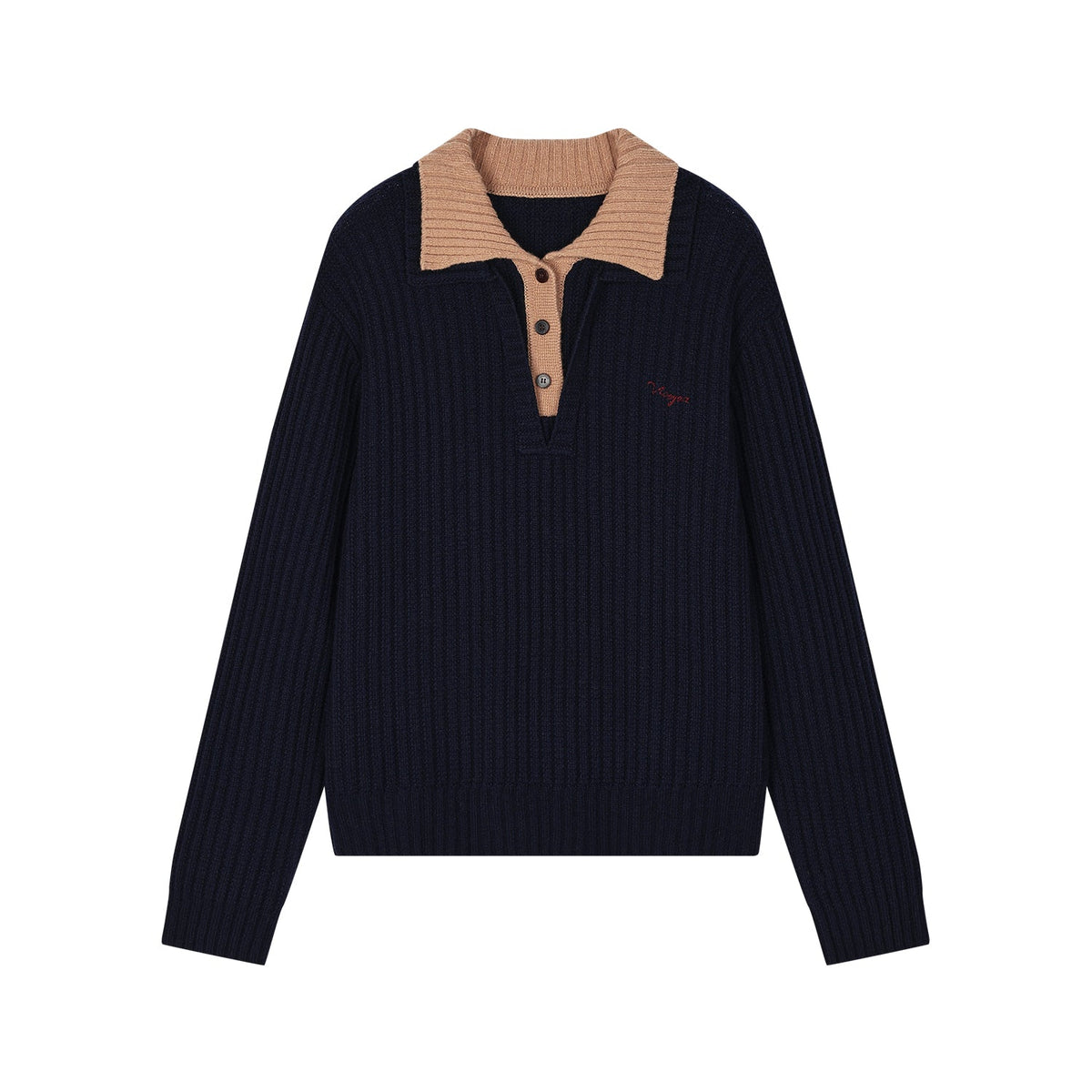 Vintage layered-look polo collar pullover knit