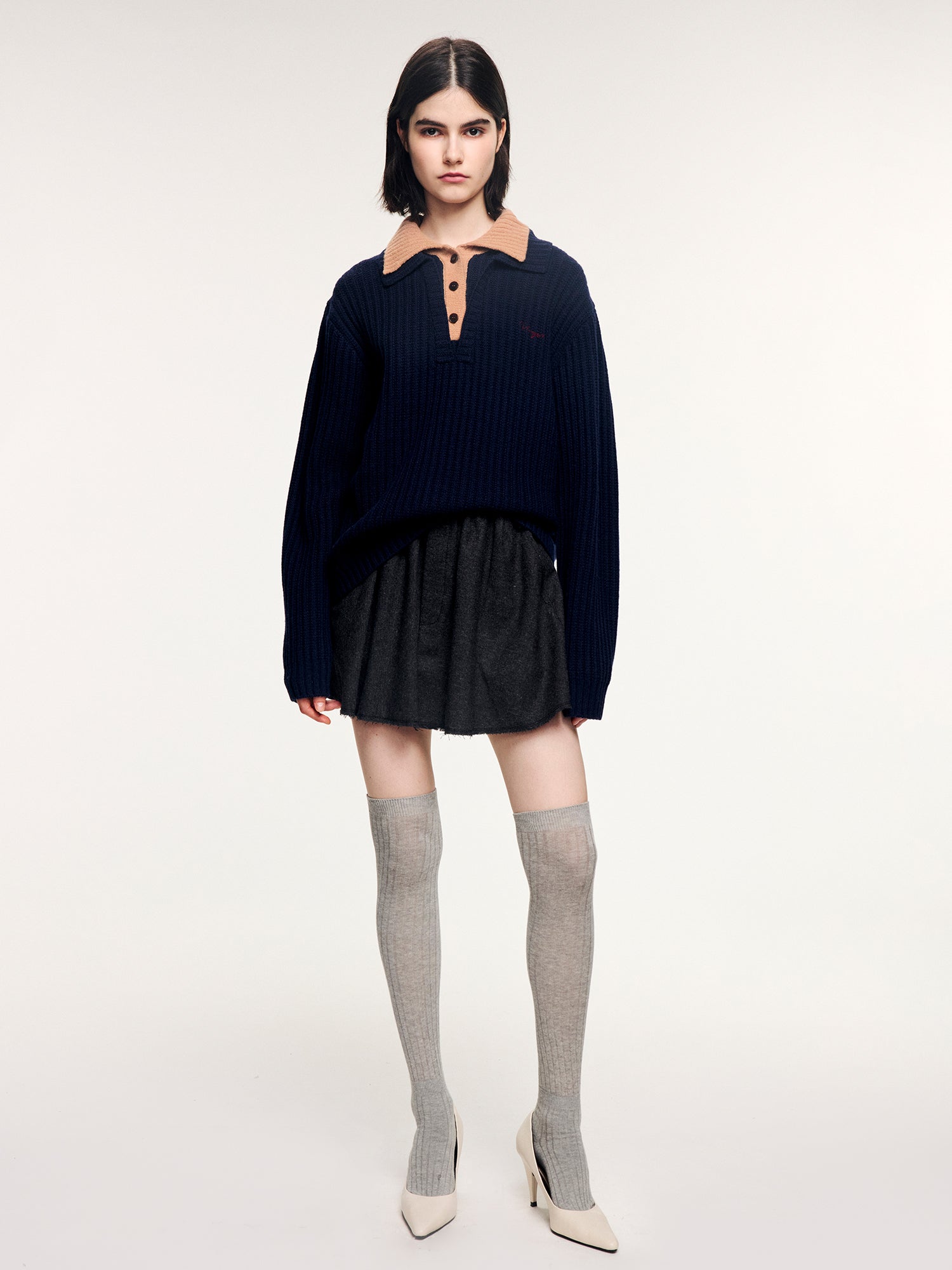 Vintage layered-look polo collar pullover knit