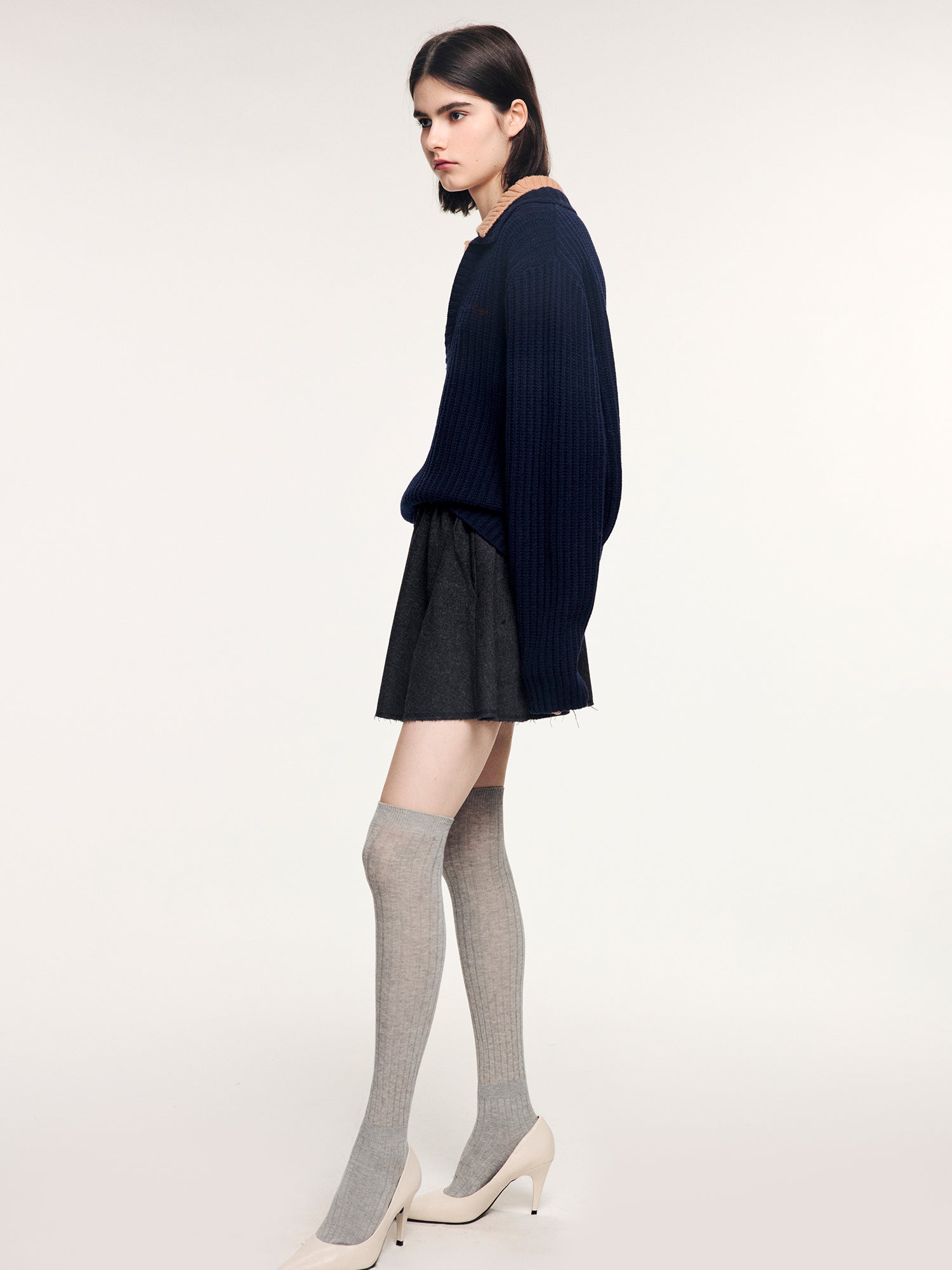 Vintage layered-look polo collar pullover knit