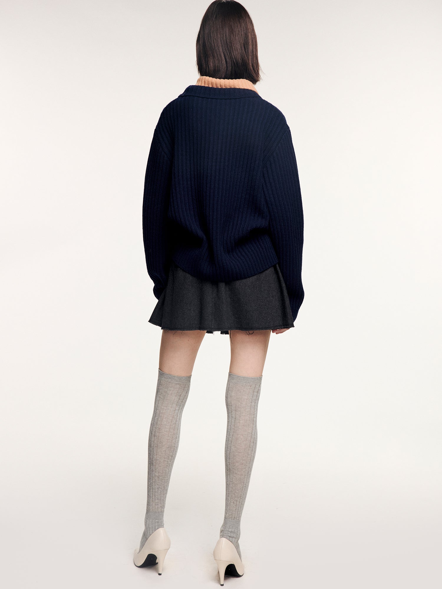 Vintage layered-look polo collar pullover knit