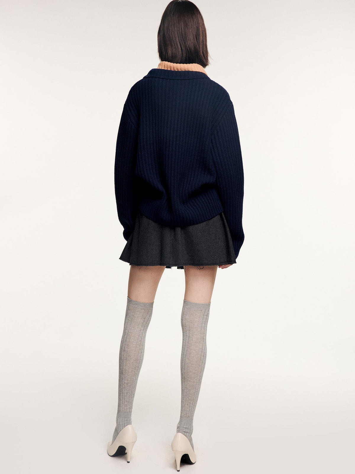 Vintage layered-look polo collar pullover knit