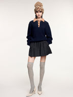 Vintage layered-look polo collar pullover knit