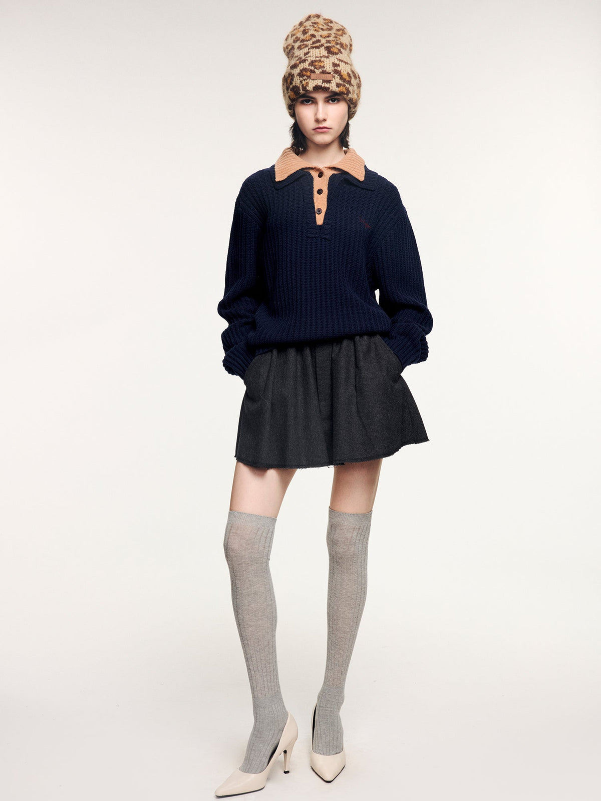 Vintage layered-look polo collar pullover knit